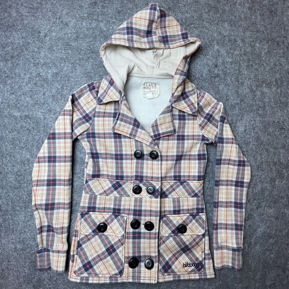 Billabong Jacket Womens Small Hoodie Sweatshirt Plaid Peacoat Cozy Double Button - Picture 1 of 7